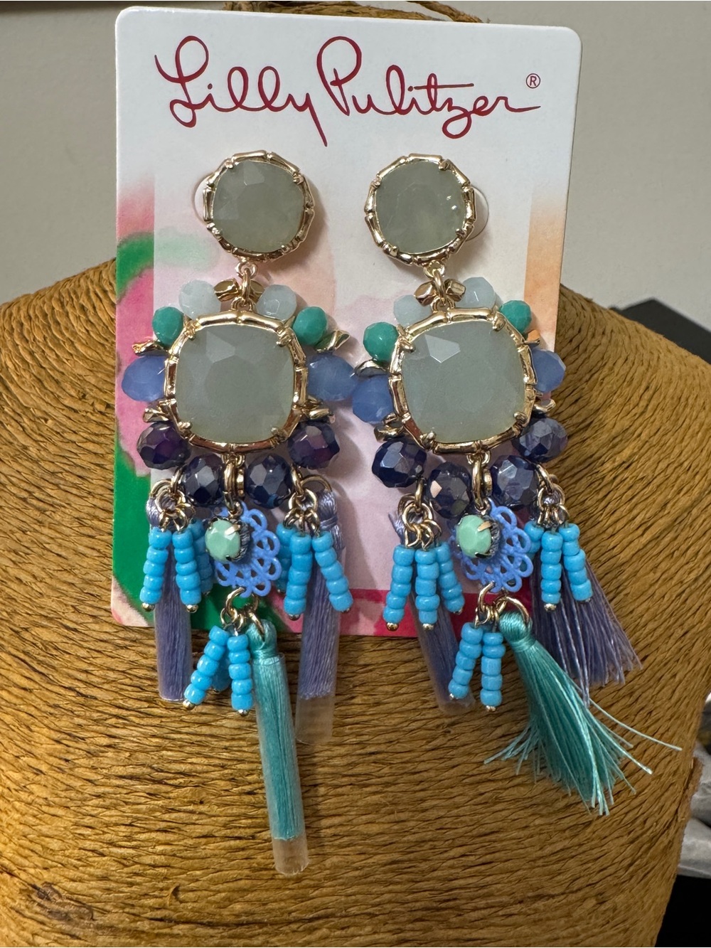 Lilly Pulitzer Turquoise, Teal & Purple Beaded Tassel Drop Earrings